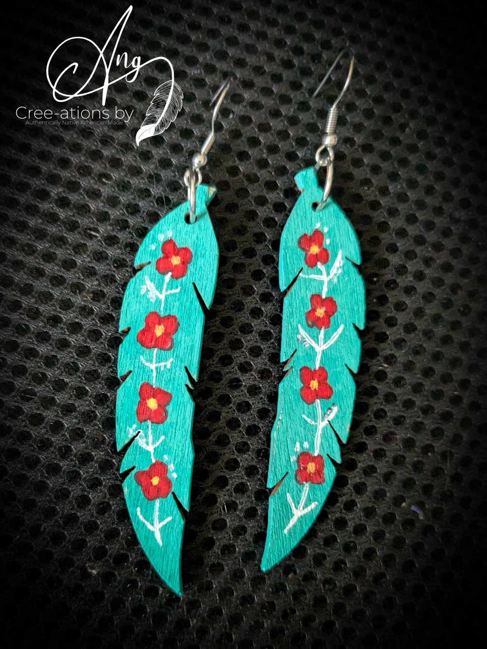 Turquoise Wooden Feather Native American Floral Drop Earrings